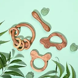 Natural Neem Wood Baby Teether & Rattle Combo | Handcrafted Wooden Ring, Car, Micky & Dumble Shapes for Infants & Toddlers | Eco-Friendly, BPA-Free & Safe to Grasp and Chew (Set of 4) by Girte Sambhalte-picture-12