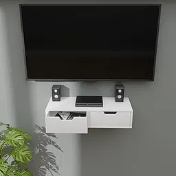 ETIQUETTE ART Floating TV Shelf Wall Mounted Media Console, Router DVD Shelves, for PS4/Cable Box/DVD Players/Game Console Streaming Media Equipment with 2 Drawer (White)-image-2