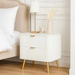 GCA1 WOODZONE Wooden Bedside Table for Bedroom | Wooden Bed Side Nightstand Lamp Table with 2 Drawers for Home & Hotels | Side Table for Living Room | HDMR Premium Wood & Iron Legs, White image 1