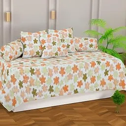 Homedy Diwan Set Covers Cotton 6 Pieces Glace Cotton Designer Jaipuri Printed Standard Small Leaf Flower Floral Diwan Set (1 Single Bedsheet, 2 Bolster Covers, 3 Cushion Covers) White Rust Green-picture-12