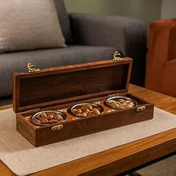 Elegant Wooden Dry Fruit Box with 3 Compartments, Premium Walnut Finish Storage Container, Brass Clasps, Decorative Serving Tray for Nuts and Snacks-image-10