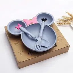 HITRUZ Kids Dinner Set – Mickey Shape Plate with Bowl, Spoon & Fork - BPA-Free Unbreakable Toddler Feeding Set - Baby Mealtime Tableware - Cartoon Dish Set for Kids, Boys & Girls Pack of 1-picture-48