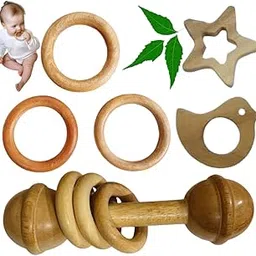 Natural Wooden Baby Teething Set, 1 Rattle and 3 Teething Rings with Star and Bird Shapes-image-37
