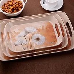 GANESH Blosom Plastic Rectangular Serving Tray // Serving Tray with Handle // Serving Tray for Tea, Snacks, Breakfast, Dinner, Decorate Center & Dinning - Cream (Pack of 3)-picture-22