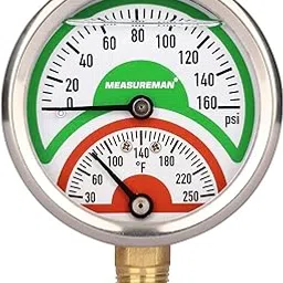 Measureman Tridicator, Thermo-Manometer, 2-1/2", Silicone Oil Filled, 0-160psi/30-250 deg F, Stainless Steel Case, 1/4"NPT Lower Mount Pressure Gauge-picture-43