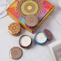 AuraDecor Tin Candle Aromatherapy Gift Set, 4 Fragrances - Vanilla, Oudh, Mandarin, Lavender, Scented Soy Wax Candles (Moroccan Tin Candle, 4, Count) (Moroccan Tin Candle, 4, Count)-image-24
