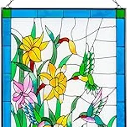 viveta Hummingbird Stained Glass Window Hanging, Birds and Flowers Suncatcher for Window, Hummingbird Window Panel Hanging Ornament(Rectangular 10 * 15")-picture-28