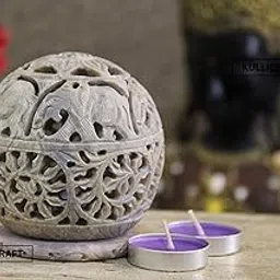 KC KULLICRAFT Soapstone Elephant Carving Round Tea Light Candle Holder With Candle, Pack of 1-picture-45