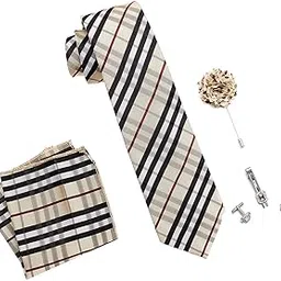 axlon Men's Micro Polyester Necktie Set with Pocket Square, Brooch Pin and Cufflinks (Beige, Free Size)-picture-11