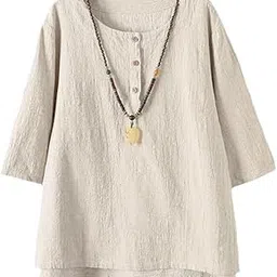 minibee Women's 3/4 Sleeve Cotton Linen Jacquard Blouses Top T-Shirt-picture-14