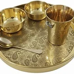 Complete 5-Piece Brass THALI Set, Genuine Brass Products, 1Brass Paisley Design Thali, 2 Bowls, 1Spoon, 1Glass with Paisley Design, Heavy Material, Perfect for Regular use, Diwali Gifting & Dinners-picture-20