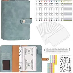 HASTHIP® File Folder Ring Binder Notebook Set, A6 PU Leather Binder Clip with 12 Envelopes, 12 Budget Sheets, 2 Label Stickers, 1 Ruler, Ring Binder Clip Stationery Supplies (Blue)-image-86