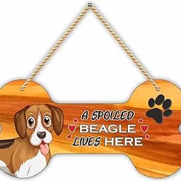 KREEPO MDF Wooden Cute Dog Sign Plaque Bone Design A Spoiled Beagle Lives Here Animal Love Board, Name Plate for Dog House Brown & White, Size(10x5) inch-image-73