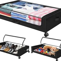 1 Pc Under Bed Storage Organizer Zip Cover With Wheels, Rolling Under Bed Storage Container, Bedroom Storage Organization With Handle- Black, Metal, Fabric-picture-18