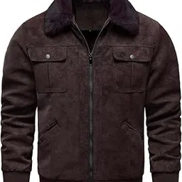 blaq ash Men's Faux Suede Bomber Jacket, Fur Collar, Fleece Lined-picture-21