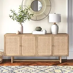 ND INTERNATIONAL Modern Rattan Cane Sideboard Cabinet with 4 Doors, Solid Wood Storage Cabinet in Light Brown Finish Sideboard for Dining Room, Living Room, Entryway, Hallway-picture-13