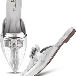 FROH FEET Women’s Mules Pointed-Toe Crocodile-Texture Sparkling Embellished Buckle Slip-On Flats for Evening workwear, festive, or casual-picture-27
