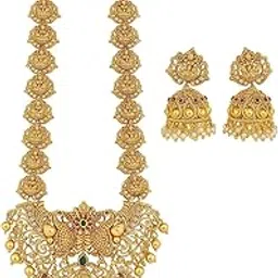 nakman jewellery Traditional Gold-Plated Temple Jewelry Set with Lakshmi Design, Long Necklace with Jhumka Earrings, Antique Finish, Pearl Beads-picture-58