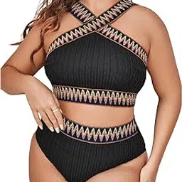 gorglitter Women's Plus High Waisted Swimsuits Chevron Print Criss Cross Piece Bikini Set-picture-53