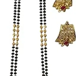aaiku Maharashtrian Long Traditional Gold Plated Micro Polish Black and Golden Bead Designer Pendant Mangalsutra and Earrings Set for Women-picture-36