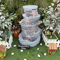 Homestead Decor Solution Tiered Rock Waterfall Fountain Big Size 3.5 Feet, Grey Stone-Look Finish, LED Lights, Decorative Home Decor Living Room Office Garden Indoor Outdoor Decor, Fiber Material-picture-22