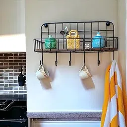 CANOGLOO Floating Wall Shelf for Bedroom, Living Room, Bathroom, Kitchen, Office Storage Wall Mount Shelf with 6 Hooks (MDF Metal Black Powder Coated-picture-17