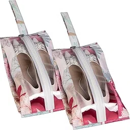 Gulmohar by Homestrap Luxe Shoe Central Zip Pouch Cover - for All Types of Footwears | Floral Design Shoe Storage Bag | Travel Shoe Organizer, Pack of 2(Pink)-picture-10