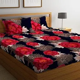 Polycotton 220 TC Floral Printed King Size Double Bedsheet with 2 Pillow Covers, (90 x 90 Inches,) Blue Red-picture-20