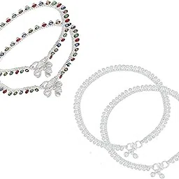 les bon amis Modern Indian Traditional Anklet Metal Alloy Painjan Payal -Pair Leg Chain for Women & Girls Set of 2 (Multicolour Payal and White Stone Payal)-picture-11