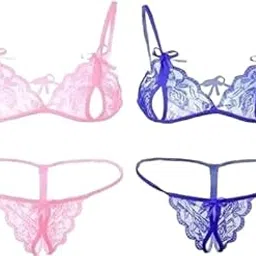 Women’s Net Lace Lingerie Set Combo Pack of 2 | Transparent Bra & Panty Set | Sexy Honeymoon Nightwear for Women | Soft Lace Sleepwear for Couples-picture-52