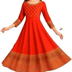 Women's Anarkali Dress, 3/4 Sleeves, Gold Border Pattern, Flared A-Line Design-picture-31