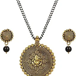 Jewellery For Less Traditional Ganesh Pendant Collection Gold Plated Black Beaded Double Chain Mangalsutra Set For Women-image-70