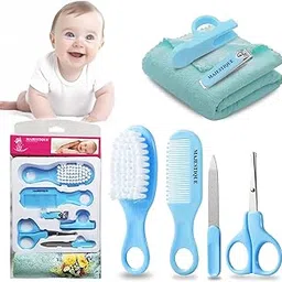 Majestique Baby Grooming Care Kit – 7 in 1 - Hair Brush, Comb, Nail Clipper, Easy Grip Handle Scissors, Nail Filer & Baby Towel | Safe & Gentle Baby Essentials for Infant & Toddler Care (Pink) (Blue)-image-23