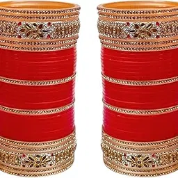 lucky jewellery Bridal Bangle Set Dhanteras/Diwali/Bhai Dooj Collection Golden White & Red Stone Chuda, Wedding punjabi Choora Fashion Chura Set for Women (1188-M1C1-723-R)-picture-53