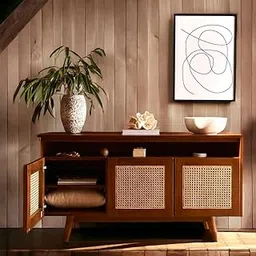 TGF Furniture Store Mid-Century Modern Storage Cabinet – Wooden Frame with Cane Doors, Retro Console Table with Shelves, Living Room & Dining Room Furniture-picture-14