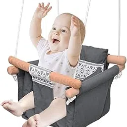 AMPLIN Indoor Outdoor Baby Cotton Swing with Safety Belt and Cushion, Kids Jhula, Grey, Wooden Frame, for 6 Months to 4 Years-image-99