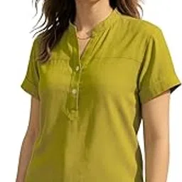 maaesa Women Lime Green Solid Rayon Loose Fit Top | Mandarin Collar | Short Sleeves | Lightweight & Breathable Fabric | Casual Wear | Office Wear-picture-28