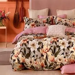 Floral Bedding Set with Magnolia Print, Pink and White Duvet Cover, Cotton Blend, Modern Botanical Design, Decorative Pillowcases-picture-27