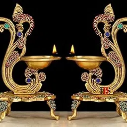 Diya Brass Peacock Hanging Set of 2 Oil Lamp with Stone Disinge Deepak Peacock Hanging with Table Standing Set of 2 Diya Hanging Peacock Oil Lamp Brass Home Decoration-picture-15