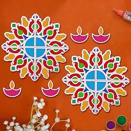 TIED RIBBONS Set of 2 Rangoli Mats for Diwali Decoration with 4 Pcs Diya (Wooden, 11.5 Inch) - Colorful Decorative Floor Mats for Festival Home Décor Reusable Rangoli Stencils for Diwali Pooja Room-picture-46