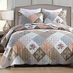 ENJOHOS 3-Piece Quilt Bedspread Sets Queen Size Coverlet Lightweight Reversible Bedspread for Queen Bed Korean Style Flower Garden on Pink Checker Daybed Bedding-picture-44