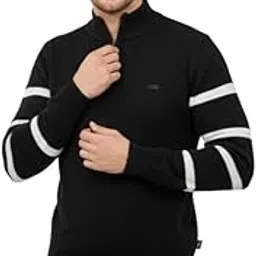Solid Turtle-Neck Full-Sleeve Quarter-Zip Knitted Sweater for Men-image-34