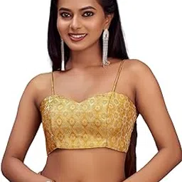 vardha Women's Brocade Sleeveless Padded Saree Blouse for Women, Readymade Black Blouse with Gold Zari-picture-47