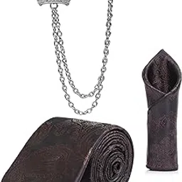 Random Stripe Men’s Paisley Necktie, Pocket Square & Crown Brooch Combo Set | Premium Satin Finish | Wedding, Party & Formal Wear | 16 Colors-image-33