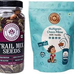 Dhanigreens Organics Combo Pack (Trail Mix 240g + Sweet Multigrain Choco Pillow with Vanilla 100g)| Natural Ingredients Snacks | Gluten & Cholesterol Free, Lightly Seasoned-picture-48