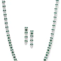 zeneme Rhodium-Plated Silver Toned Circular American Diamond Long Necklace Earring Jewellery Set for Girls and Women-picture-31