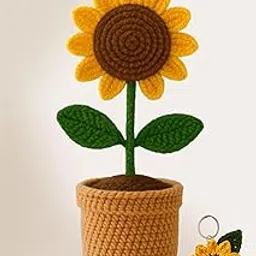 woodentelio Handmade Crochet Sunflower Plant with Pot – Yellow Knitted Flower, Green Leaves for Home, Office, or Car Décor – Includes Free Sunflower Crochet Keychain – Pack of 1 (Light Brown)-picture-23