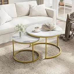 Smuxee White Nesting Coffee Table Set of 2, 27.6" Round Coffee Table Wooden Marble Pattern with Adjustable Non-Slip Feet, Industrial End Table for Living Room Bedroom Balcony-picture-53