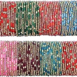 Multicolour Stone & Beads Work Glass Bangles Set For Women & Girls | Fancy Design Bangles | Colourful Glass Bangles Combo | Kanch ki chudiyan | Bangles For Women Glass-Set of 96-image-5