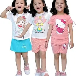 chandrika Kids Cotton Coordinated Set Pack of 3 half Sleeve And sleeveless T-Shirts & Shorts and skirt Baby Girls Summer Dress Combo-picture-41